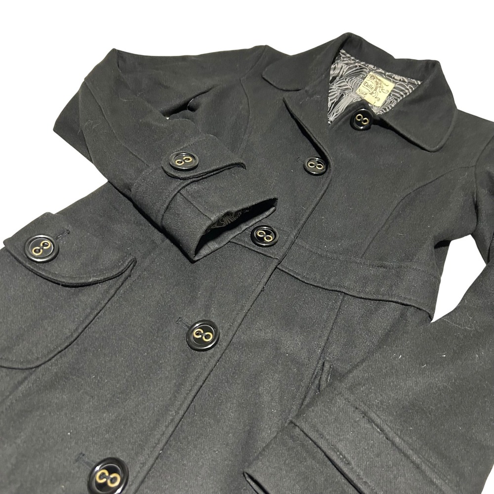 Tulle Pea Coat Women Medium Black Button Front Lined Flap Pocket Winter Jacket